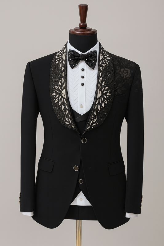 Luxury Black Embellished Tuxedo with Sequin Floral Lapel- 5pcs set
