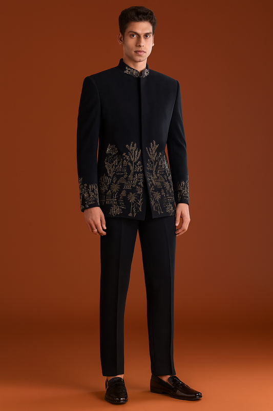 Men’s Royal Black Zari Embroidered Bandhgala Suit set | Designer Indo-Western Coat & Pant for Wedding & Reception