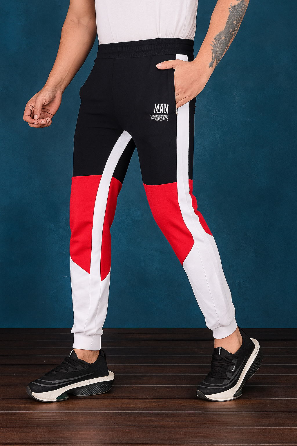 Biker's Garage Men's Colorblock Joggers – Black, Red & White Track Pants