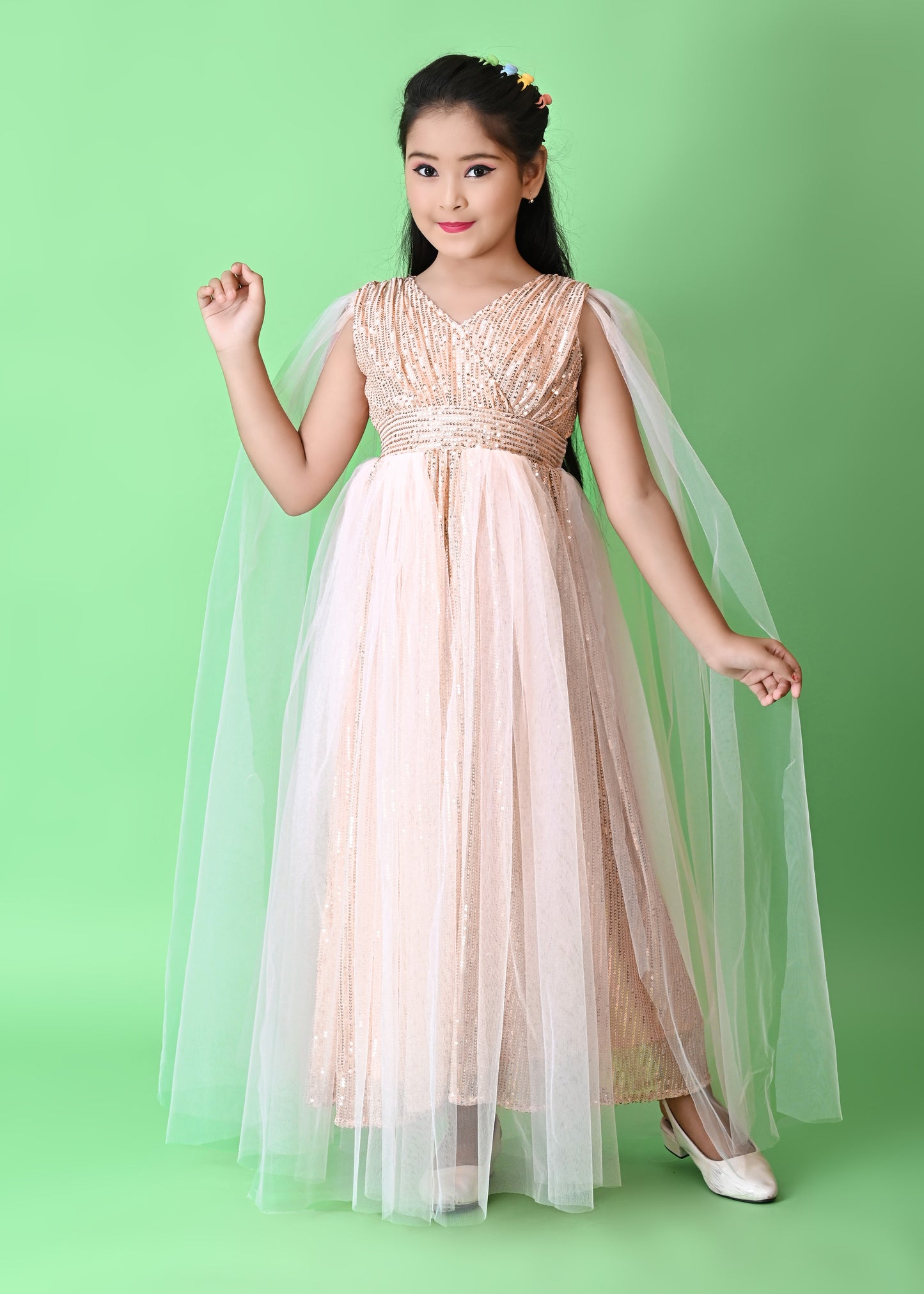 Girls' Pink Sequin Gown with Cape – Elegant Party & Occasion Dress