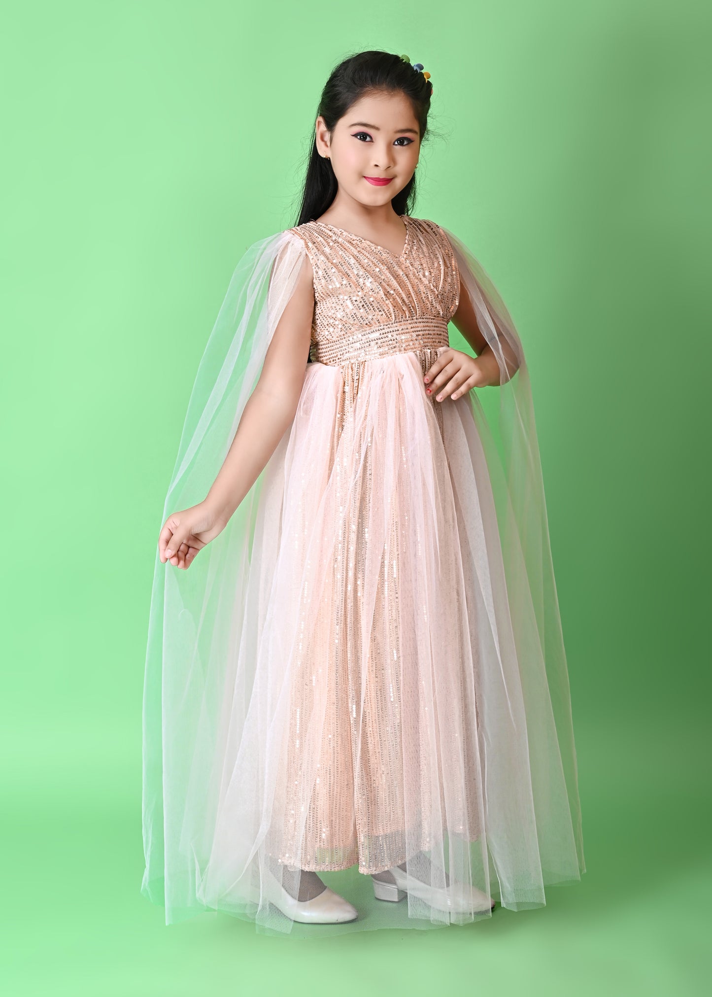 Girls' Pink Sequin Gown with Cape – Elegant Party & Occasion Dress