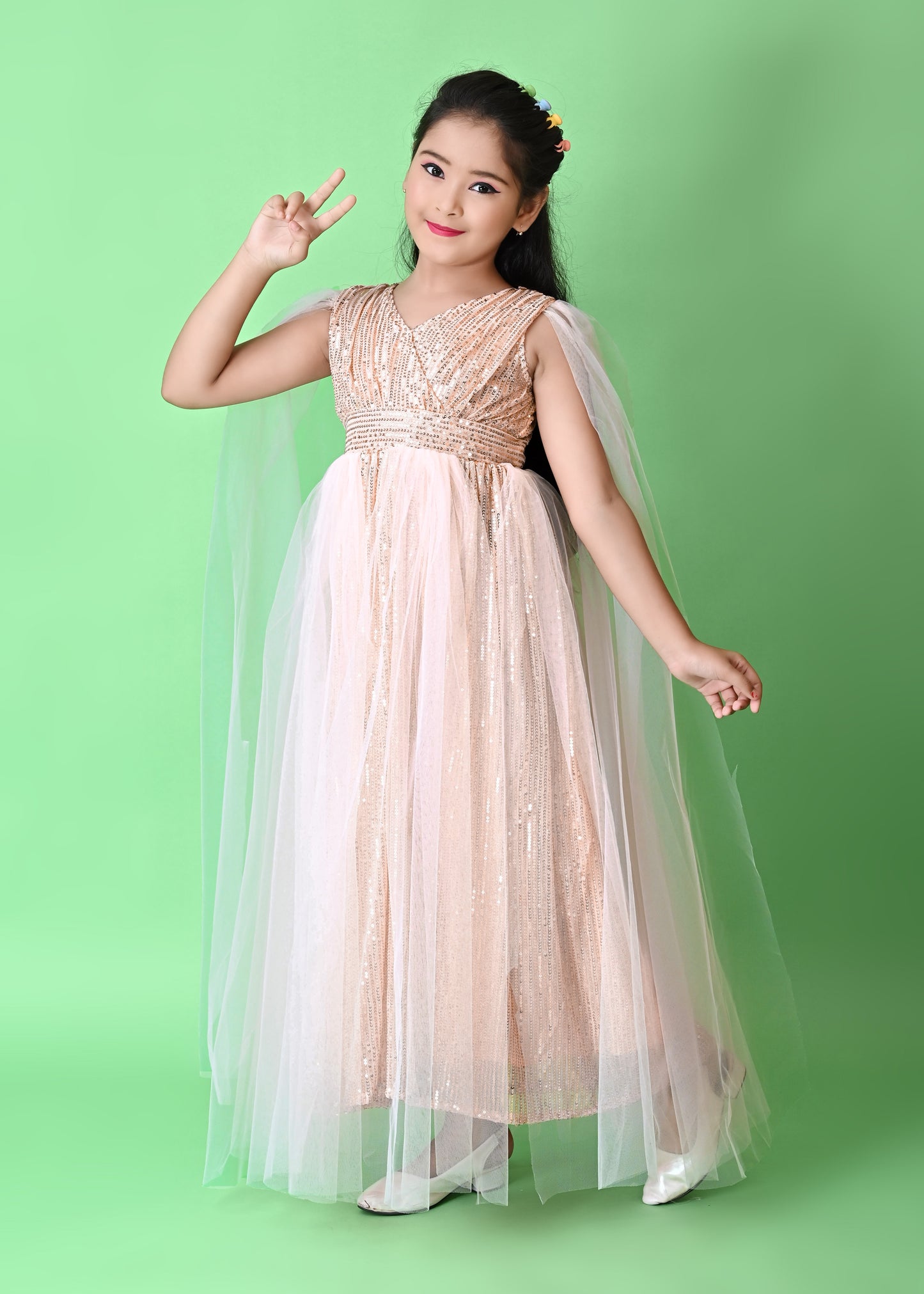 Girls' Pink Sequin Gown with Cape – Elegant Party & Occasion Dress