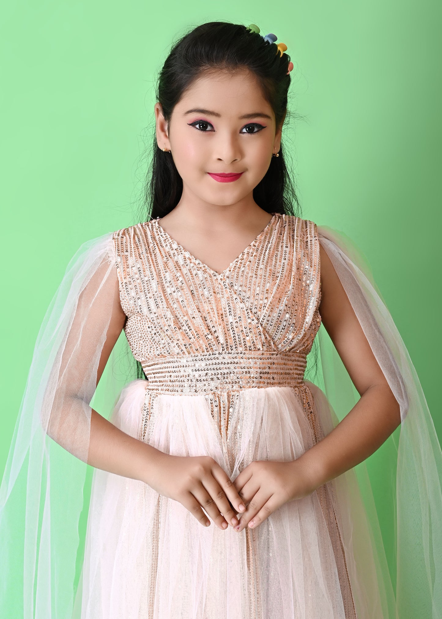 Girls' Pink Sequin Gown with Cape – Elegant Party & Occasion Dress