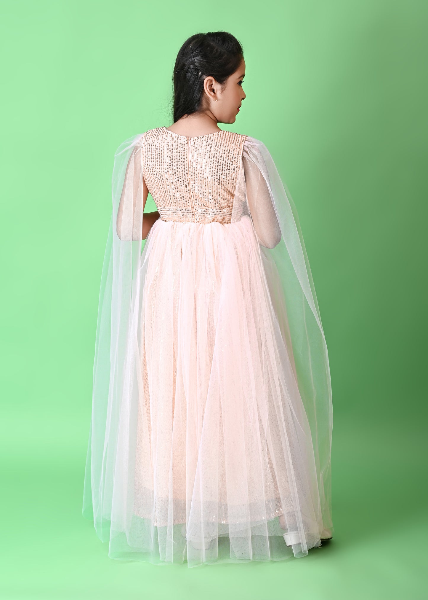 Girls' Pink Sequin Gown with Cape – Elegant Party & Occasion Dress