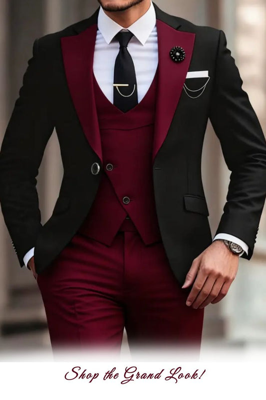 Black & Maroon Luxury Three-Piece Suit for Men | Designer Contrast Blazer with Maroon Waistcoat & Trouser