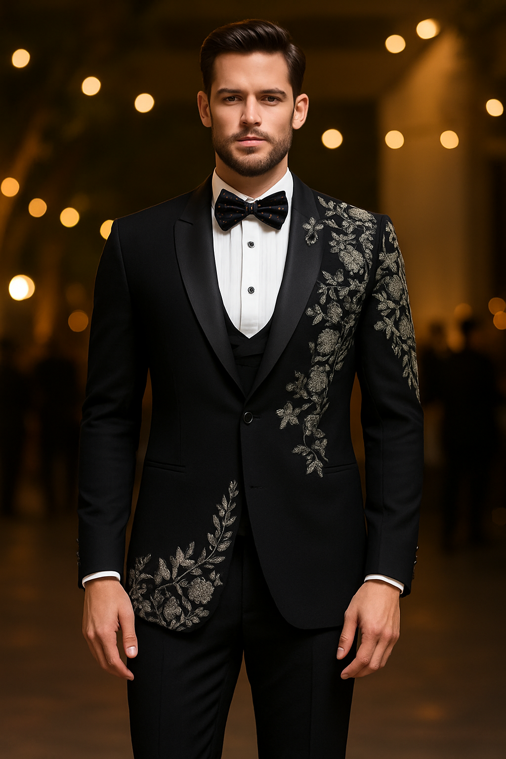 Black Luxury Floral Embroidered Tuxedo Suit for Men with Heavy Silver Handwork | Premium Groom & Reception Wear