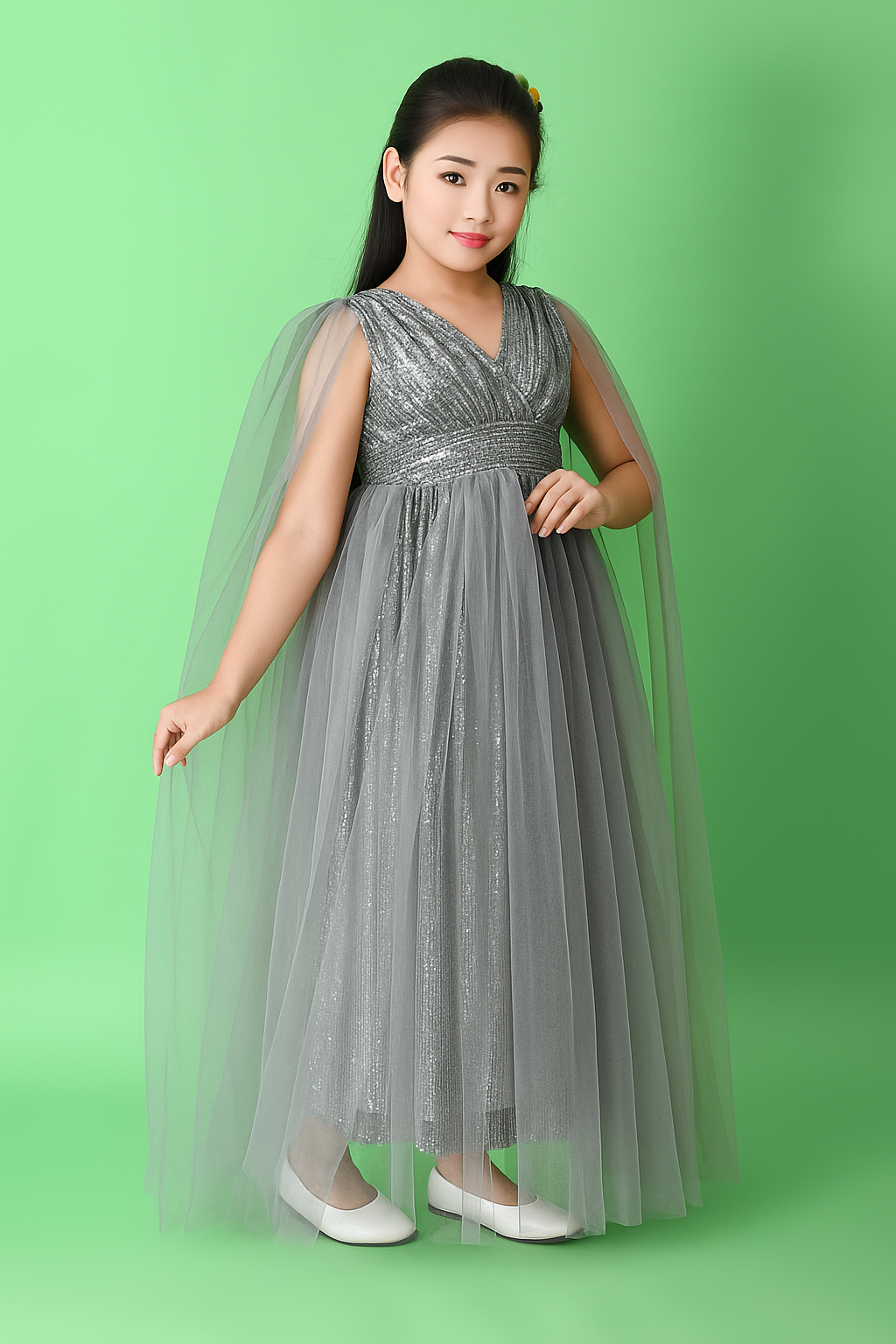 Girls' Pink Sequin Gown with Cape – Elegant Party & Occasion Dress