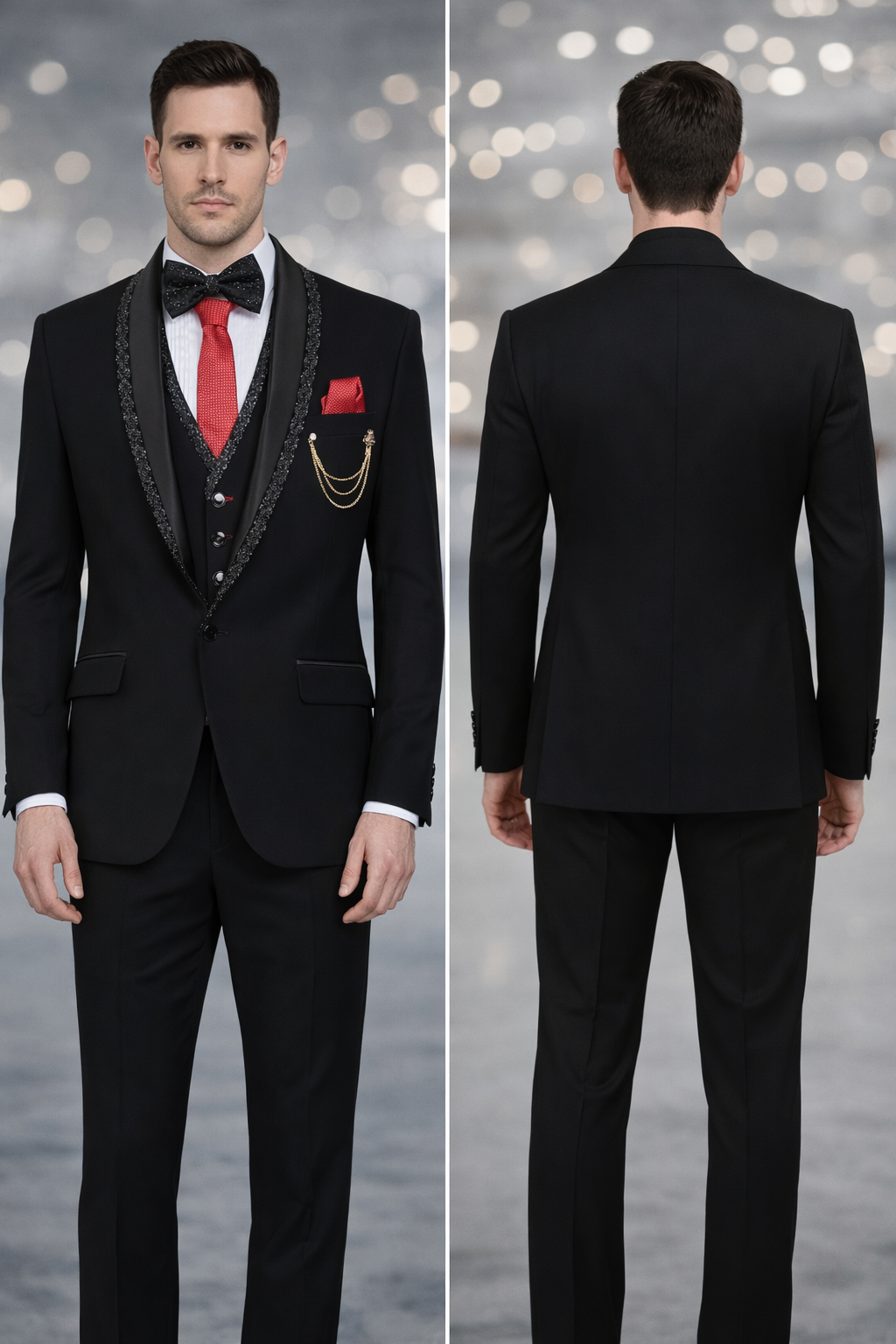 Black Luxury Three-Piece Tuxedo Suit for Men with Embellished Lapel | Designer Wedding & Partywear Set
