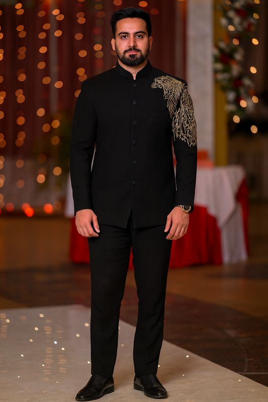 Black Indo-Western Jodhpuri Suit for Men with Premium Golden Shoulder Embroidery | Designer Groom & Partywear