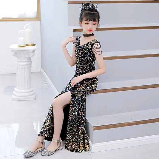 Girls' Elegant Sequin Evening Gown – Sleeveless High-Slit Party Dress