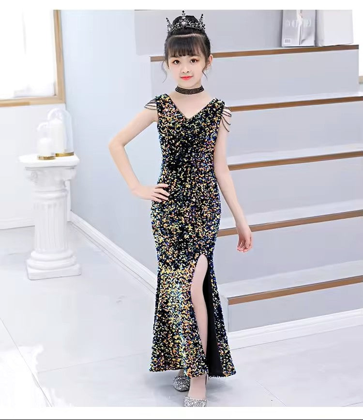 Girls' Elegant Sequin Evening Gown – Sleeveless High-Slit Party Dress