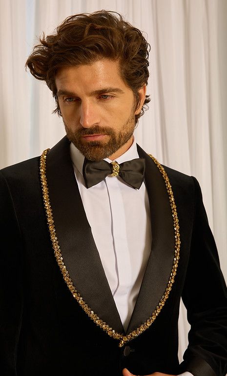 Black Velvet Tuxedo Blazer for Men with Hand-Beaded Gold Lapel | Luxury Designer Wedding & Partywear