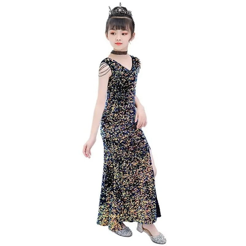 Girls' Elegant Sequin Evening Gown – Sleeveless High-Slit Party Dress