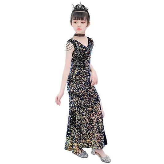 Girls' Elegant Sequin Evening Gown – Sleeveless High-Slit Party Dress