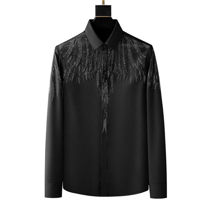 Men’s Premium Black Partywear Shirt with Metallic Feather Embroidery | Full Sleeves Luxury Designer Shirt