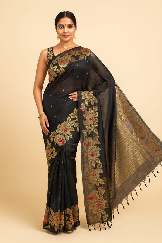 Elegant Black Saree with Golden & Red Floral Zari Weave | Festive & Party Wear Silk Saree