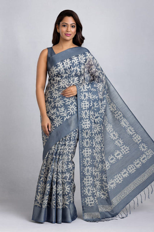 Elegant Grey-White Floral Handloom Cotton Saree with Self Weave Border & Sleek Sleeveless Blouse