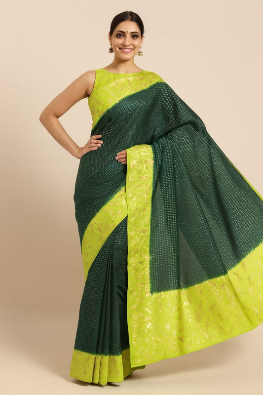 Elegant Bottle Green Self-Weave Silk Saree with Lime Green Border & Blouse