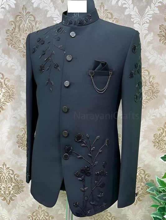 Black Designer Indo-Western Jodhpuri Suit for Men with 3D Floral Embroidery | Premium Groom & Partywear