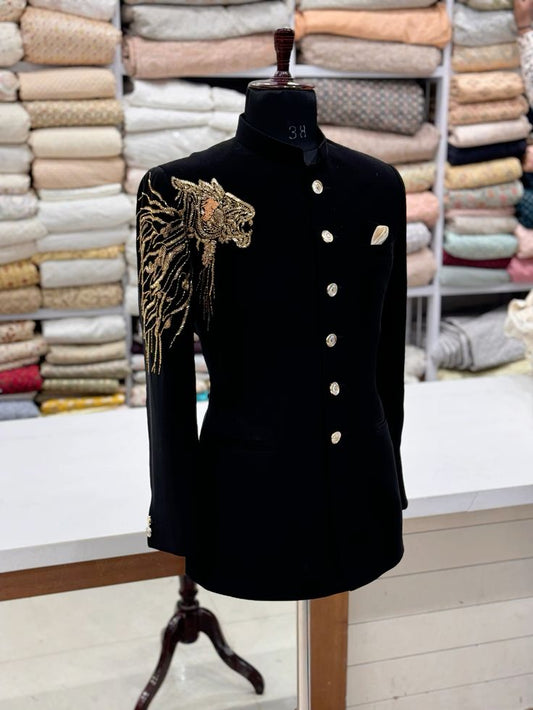 Men’s Royal Black Velvet Lion Embroidered Bandhgala | Luxury Hand Zari Work Indo-Western Coat for Groom & Wedding Events