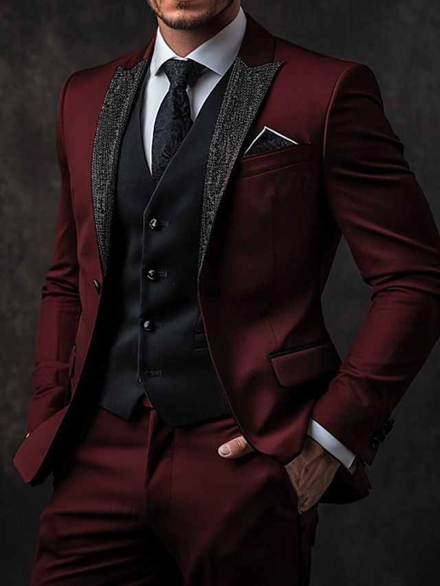Burgundy Luxury Three-Piece Tuxedo Suit for Men with Black Shimmer Lapel | Designer Wedding & Partywear