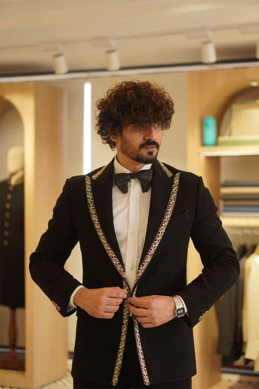 Black Premium Embroidered Lapel Tuxedo Blazer for Men | Designer Partywear & Wedding Suit Jacket