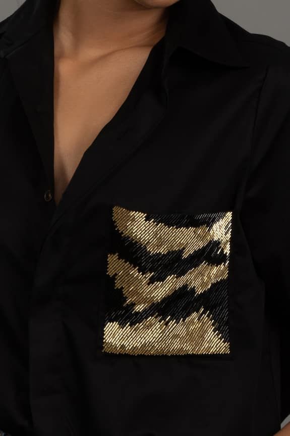 Mens Black Designer Shirt with Hand-Embellished Gold Sequin Pocket | Premium Partywear Western Shirt