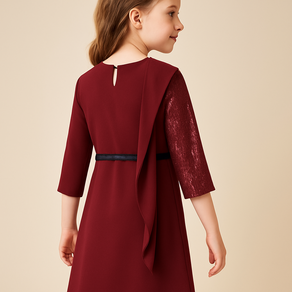 Girls' Maroon One-Shoulder Style Party Dress with Lace Sleeve, Bow Detail & Belt – Elegant Knee-Length Frock