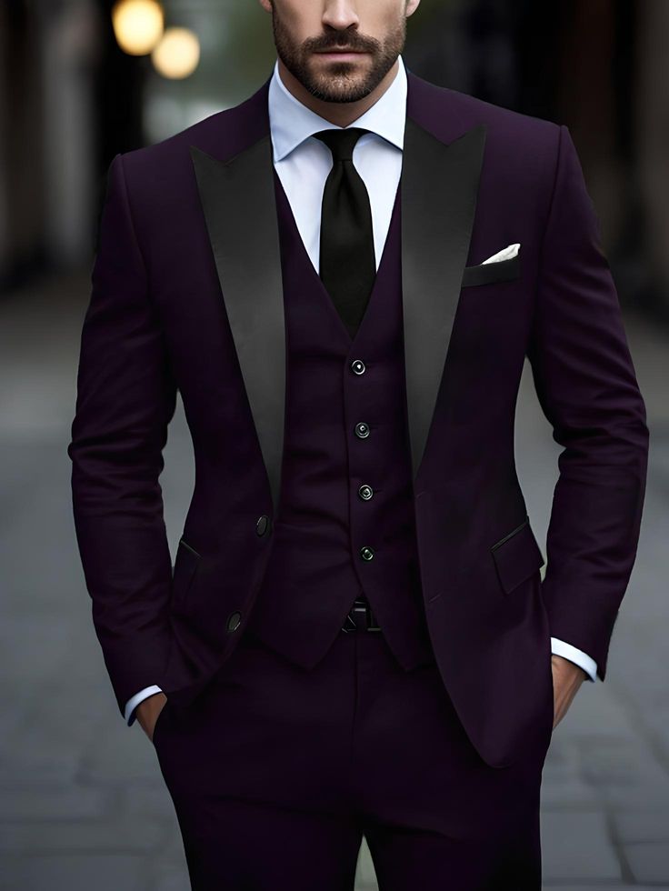Plum Purple Luxury Three-Piece Tuxedo Suit for Men | Designer Satin Lapel Wedding & Partywear Set