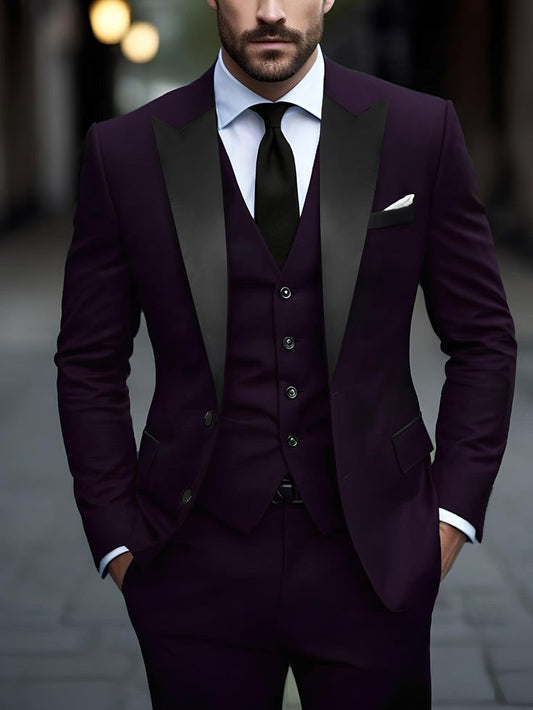 Plum Purple Luxury Three-Piece Tuxedo Suit for Men | Designer Satin Lapel Wedding & Partywear Set