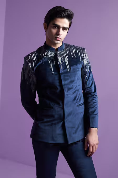 Men’s Designer Velvet Bandhgala Suit Set with Shoulder Sequin Embroidery | Premium Indo-Western Party & Wedding Wear