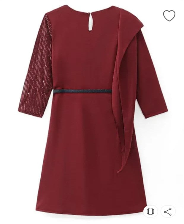 Girls' Maroon One-Shoulder Style Party Dress with Lace Sleeve, Bow Detail & Belt – Elegant Knee-Length Frock