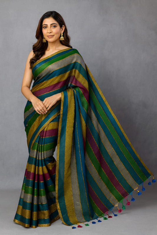 Elegant Multicolor Striped Linen Saree with Golden Zari Border and Tassel Pallu