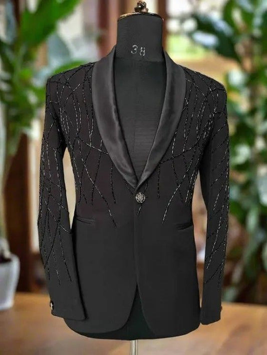 Black Luxury Embellished Tuxedo Blazer for Men with Satin Shawl Lapel | Designer Party & Wedding Wear