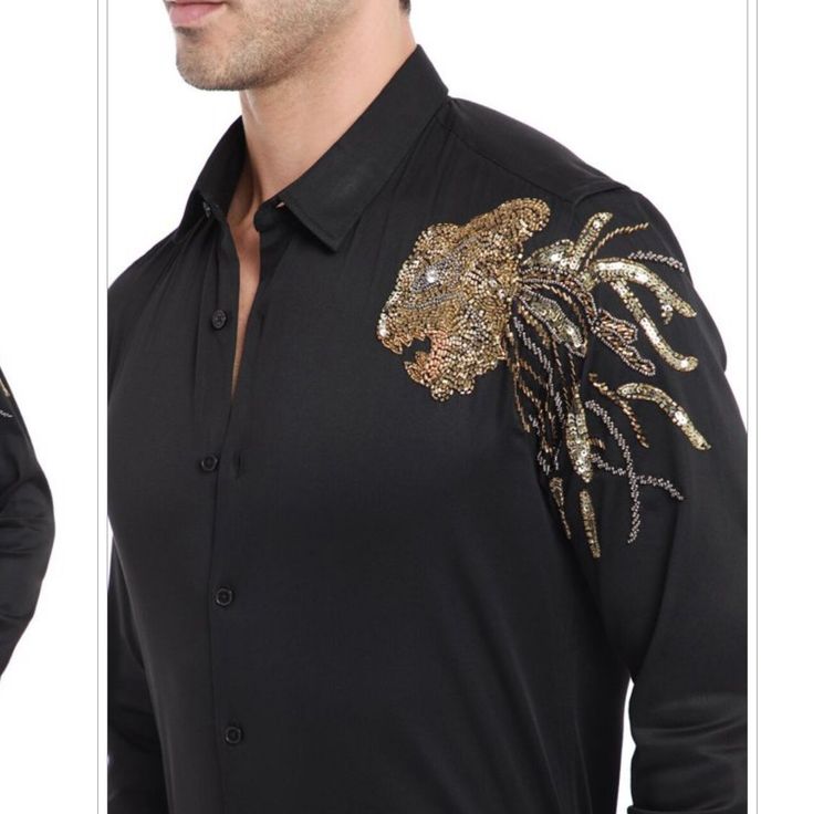 Black Luxury Partywear Shirt for Men with Golden Lion Shoulder Embellishment | Designer Slim-Fit Statement Shirt
