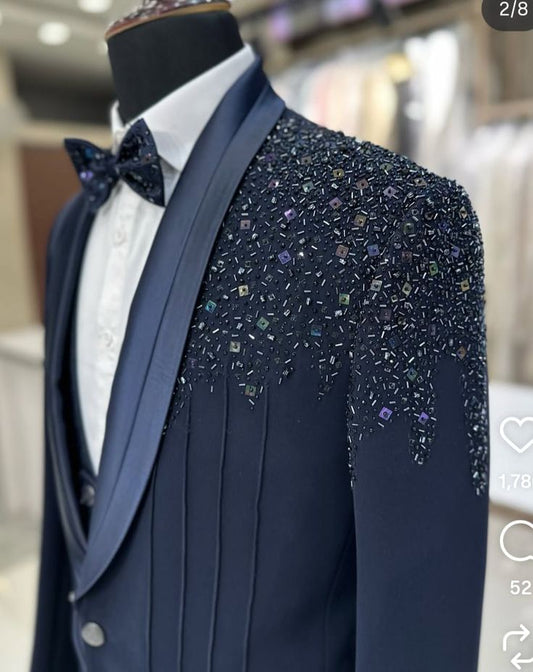 Men’s Premium Navy Blue Hand-Beaded Tuxedo Blazer | Designer Crystal & Sequin Embellished Wedding & Party Wear Coat