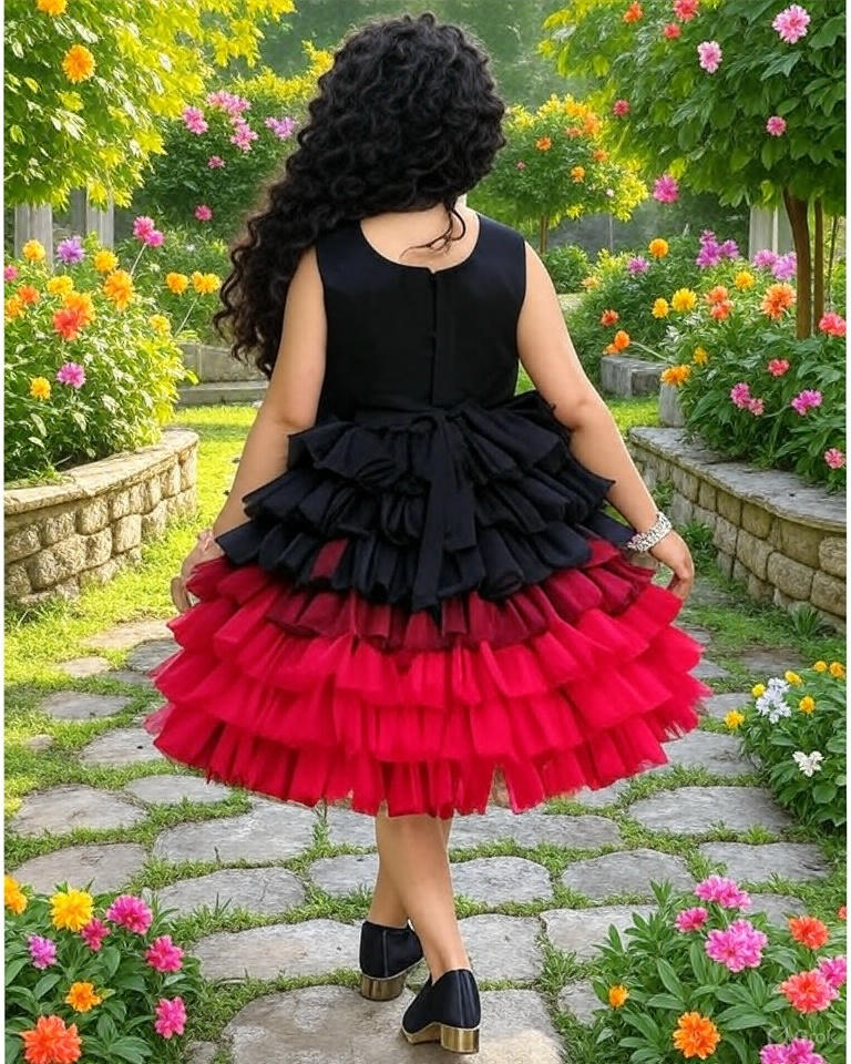 Girls' Black & Maroon Layered Tulle Party Dress with Sequin Bodice and Flower Accent – Fancy Birthday & Occasion Frock