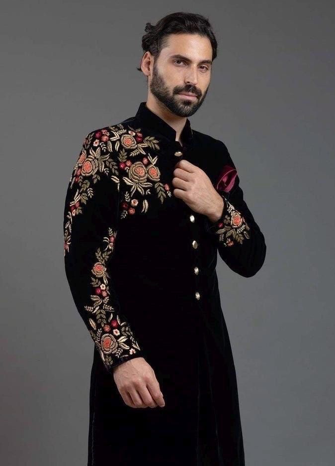 Black Velvet Embroidered Indo-Western for Men | Premium Groom & Partywear Sherwani Coat Pant Set