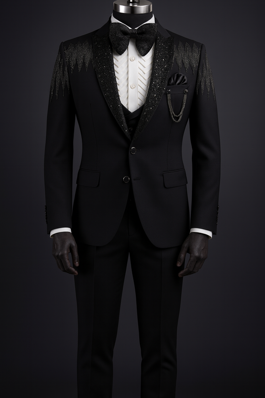 Luxury Black Sequin & Bead Embroidered Tuxedo for Groom